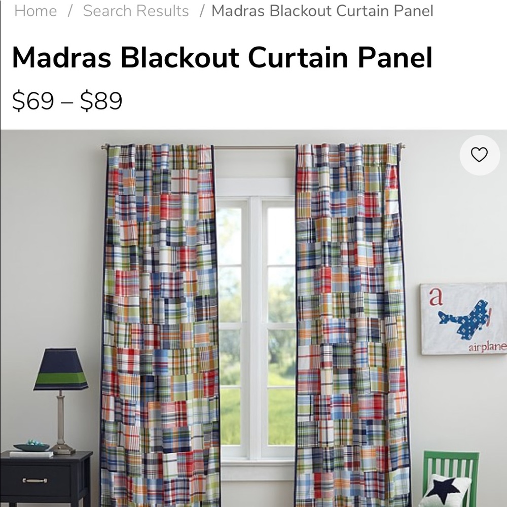 Two Pottery barn madras plaid curtain panels.